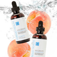 Two bottles of Consult Health W8 Drops with peaches and water droplets in the background.
