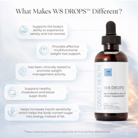 W8 DROPS weight management supplement bottle with features listed on a white background