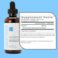 Supplement bottle labeled 'W8 Drops' with a dropper on a blue background, featuring supplement facts.