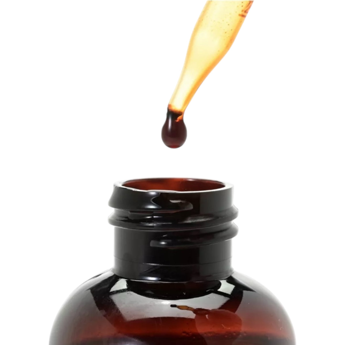 Amber glass dropper bottle with a drop of liquid being added on a white background