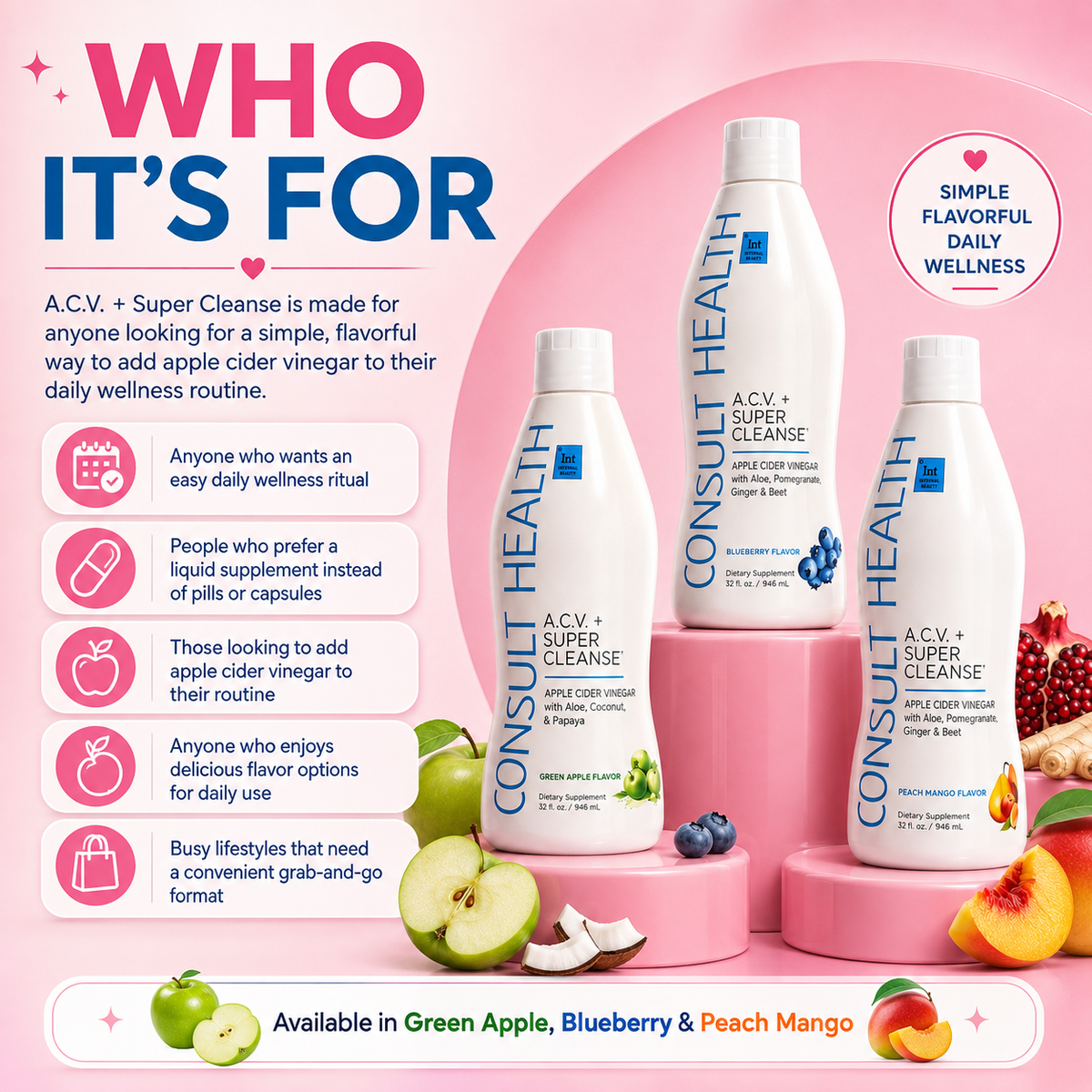 Consult Health ACV+ Super Cleanse apple cider vinegar liquid supplement by Dr. Terry Dubrow and Heather Dubrow with botanicals and fruit extracts for daily wellness.