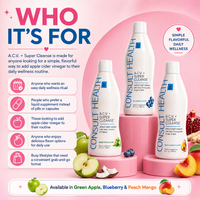 Consult Health ACV+ Super Cleanse apple cider vinegar liquid supplement by Dr. Terry Dubrow and Heather Dubrow with botanicals and fruit extracts for daily wellness.