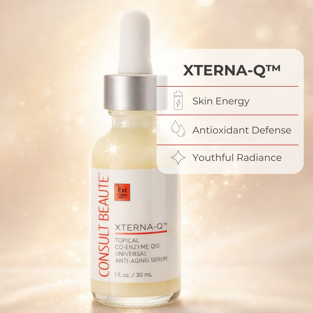 Consult Beaute XTERNA-Q™ Serum with topical CoQ10 and CoQ10 peptides to help visibly firm, smooth and revitalize aging skin while supporting a more youthful-looking complexion.